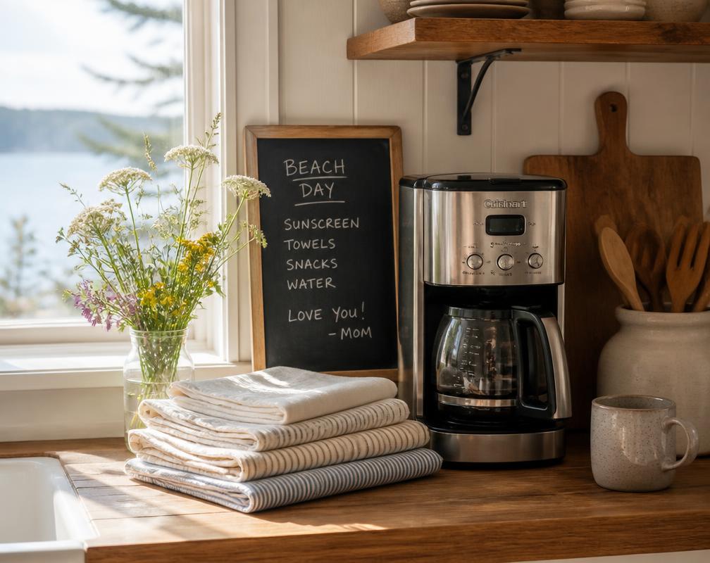 A second-home kitchen counter in morning light with linens, coffee, and a family note board
