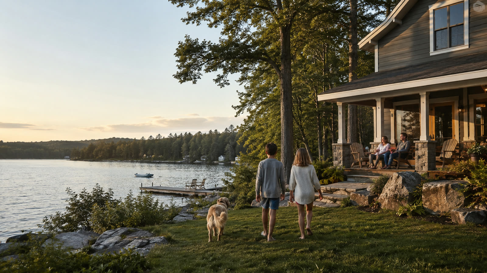 A family arriving together at their second home by the lake in the late afternoon light